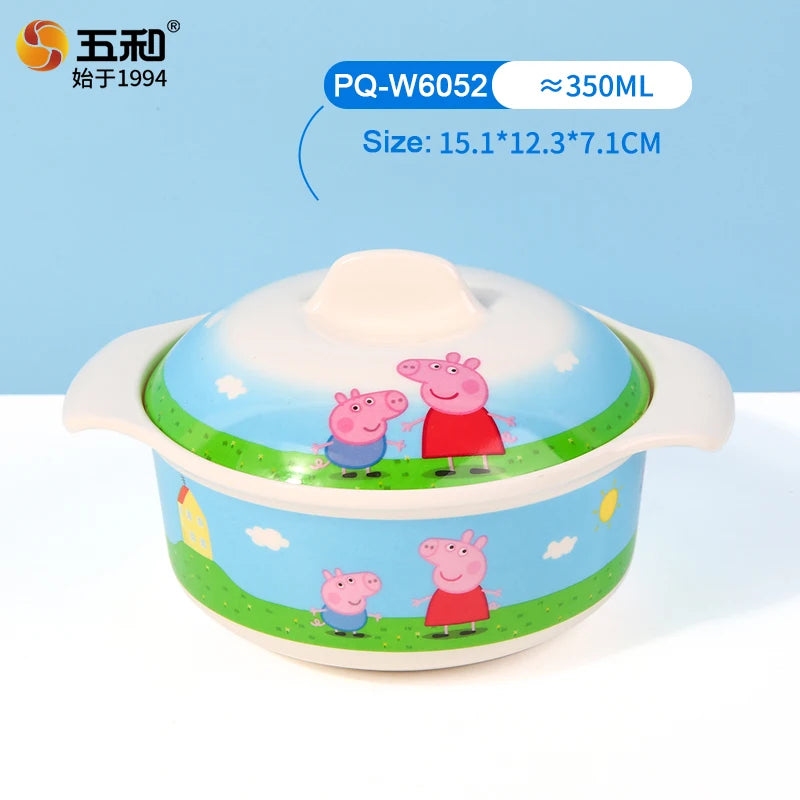 For Peppa Pig Tableware Cartoon Salad Bowl Anti-Fall Dining Plate Cup Spoon Baby Eating Double-ear Bowl Food-grade Divided Plate
