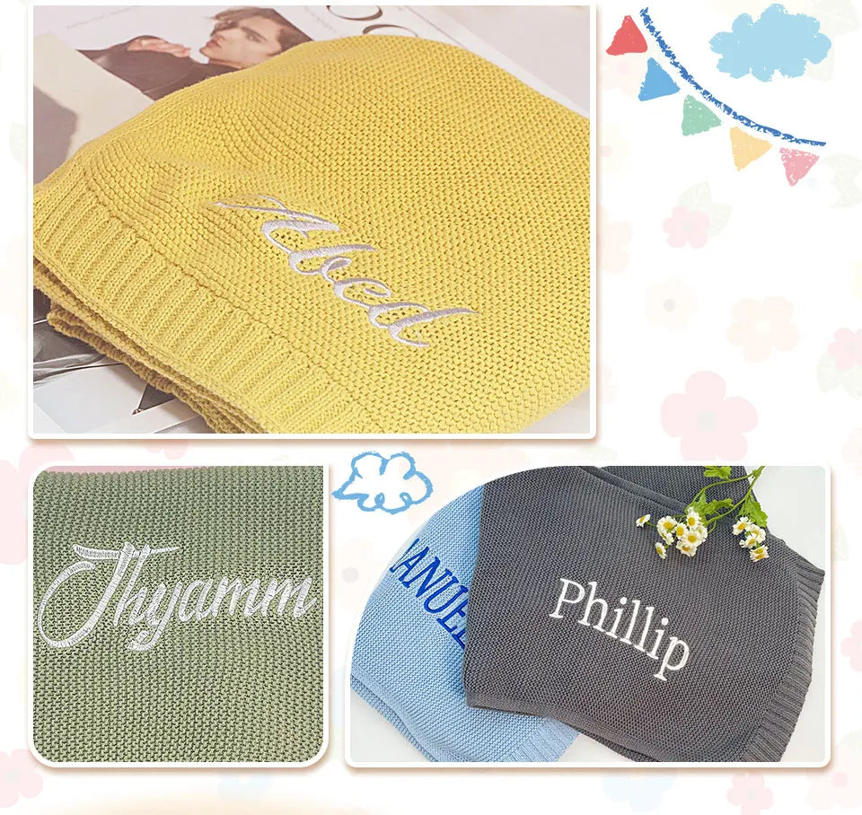 Personalized Embroidered Name Knitted Cotton Blanket Stroller Cover Kids Nap Blanket for Newborn Baby Shower Gift