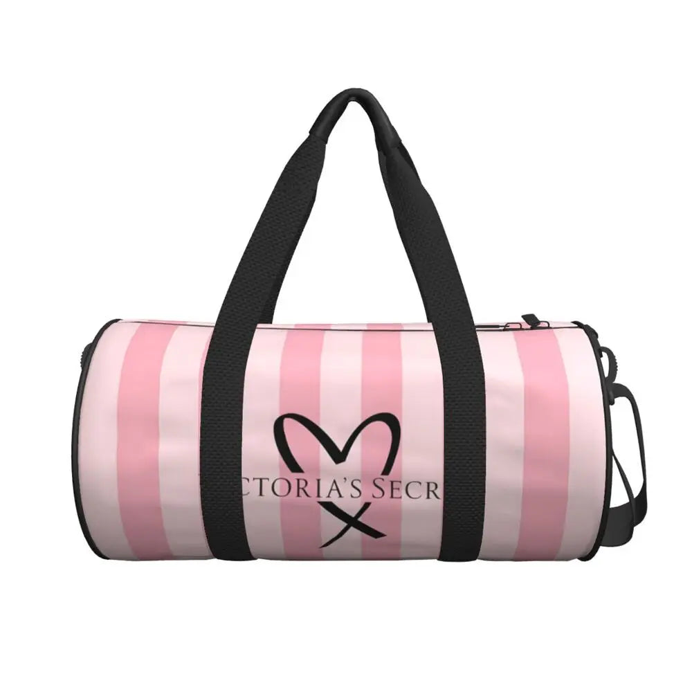 Pink White Stripe Round Capacity Travel Duffel Bag Male Female Large-Capacity Hand Luggage Sports Fitness Bag Travel Package