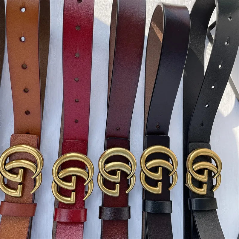 Pure Cowhide Leather Ladies Belt Antique Letter G Casual Retro Style Fashionable All-Match Width 2-4cm Alloy Buckle Fastener