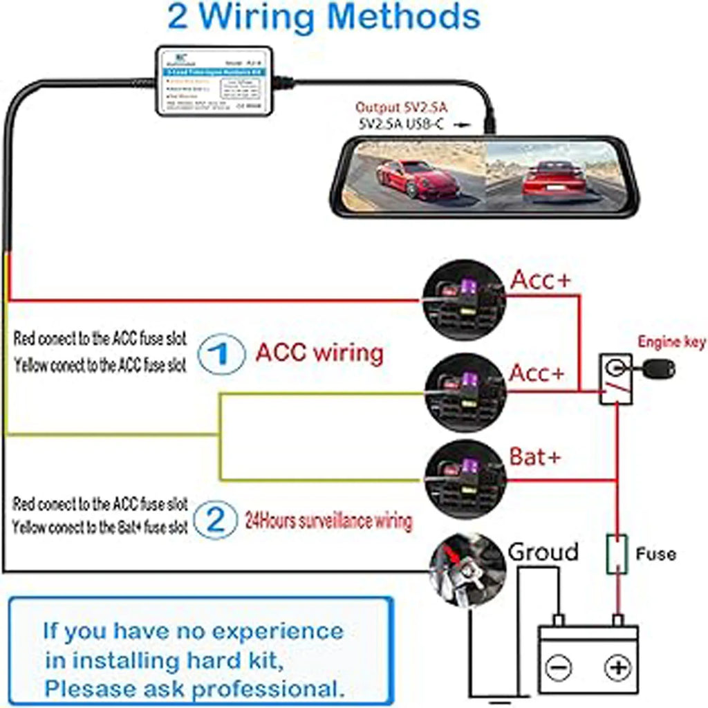 Dash Cam Hardwire Kit (12V-24V to 5V), Type C Hardwire Kit for Dash Camera with Acc Functionality, Add a Circuit Fuses, 24h Park