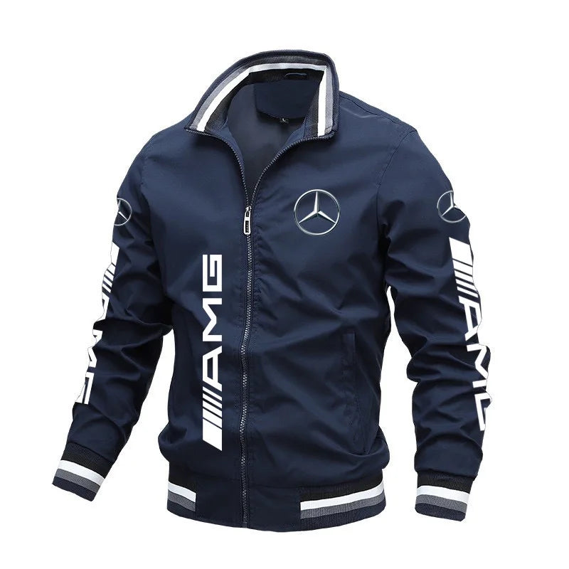 Spring and Autumn Jacket High-Quality Men's Stand Collar Sports Jacket Motorcycle Pilot Print Mercedes-Benz Workwear Motorcycle