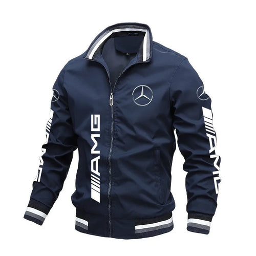 Spring and Autumn Jacket High-Quality Men's Stand Collar Sports Jacket Motorcycle Pilot Print Mercedes-Benz Workwear Motorcycle