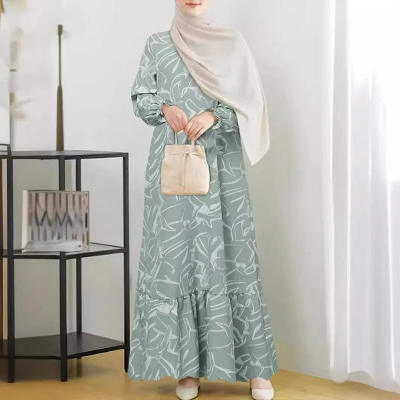 Muslim Women Abaya Middle East Fashion Long Sleeve Geometric Print Floral Dress