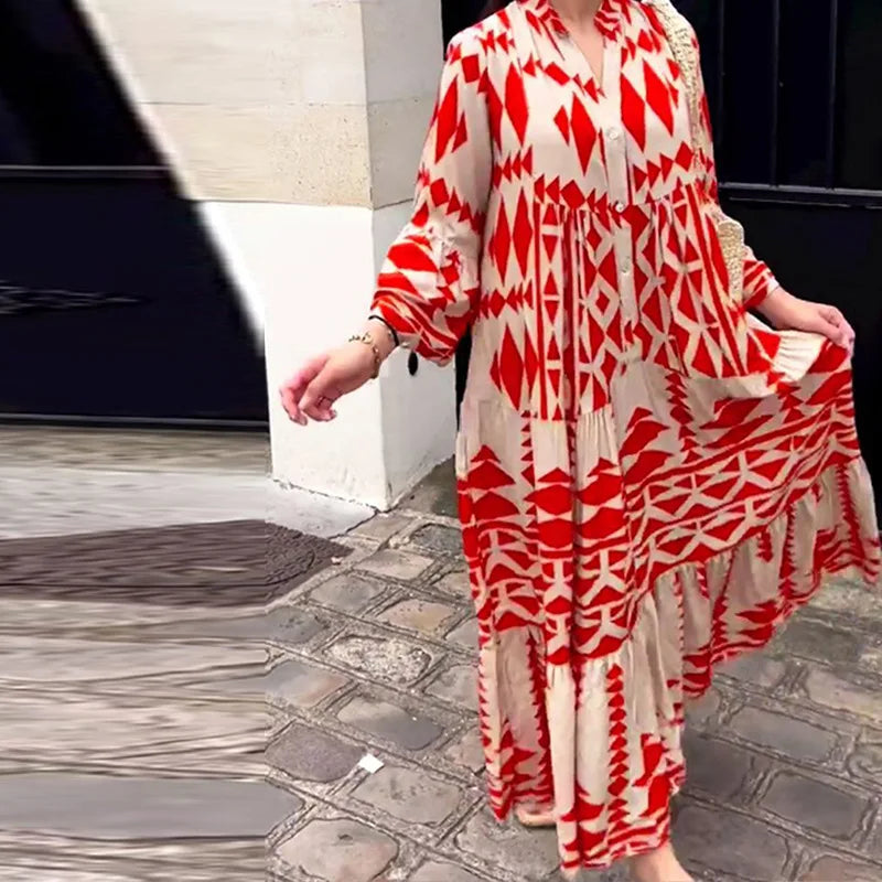 Women Print Long Sleeve Dress V-neck Long Sleeve High Waist Single Breasted Long Skirt New Holiday Loose Casual Women's Clothes