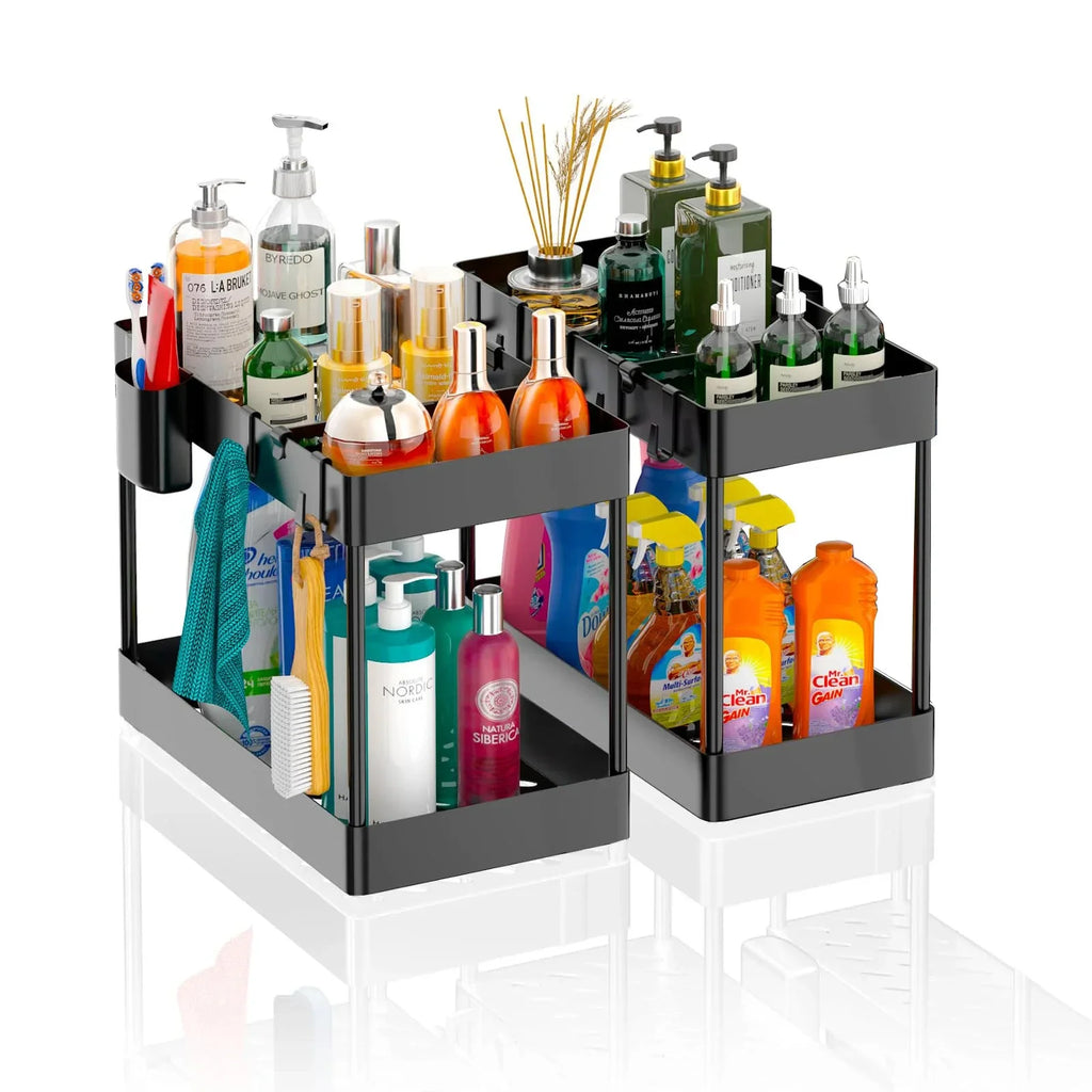 2 Tier Under Sink Organizer Sliding Cabinet Basket Organizer Storage Rack with Hooks Hanging Cup Bathroom Kitchen Organizer