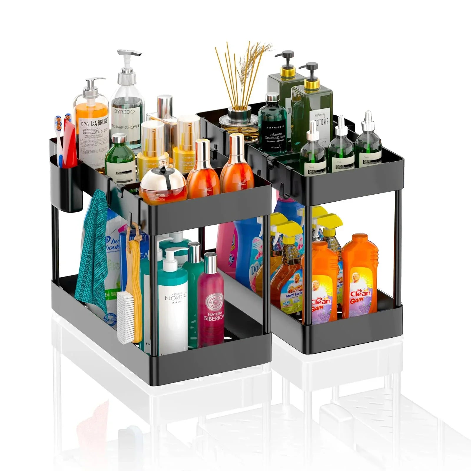 2 Tier Under Sink Organizer Sliding Cabinet Basket Organizer Storage Rack with Hooks Hanging Cup Bathroom Kitchen Organizer