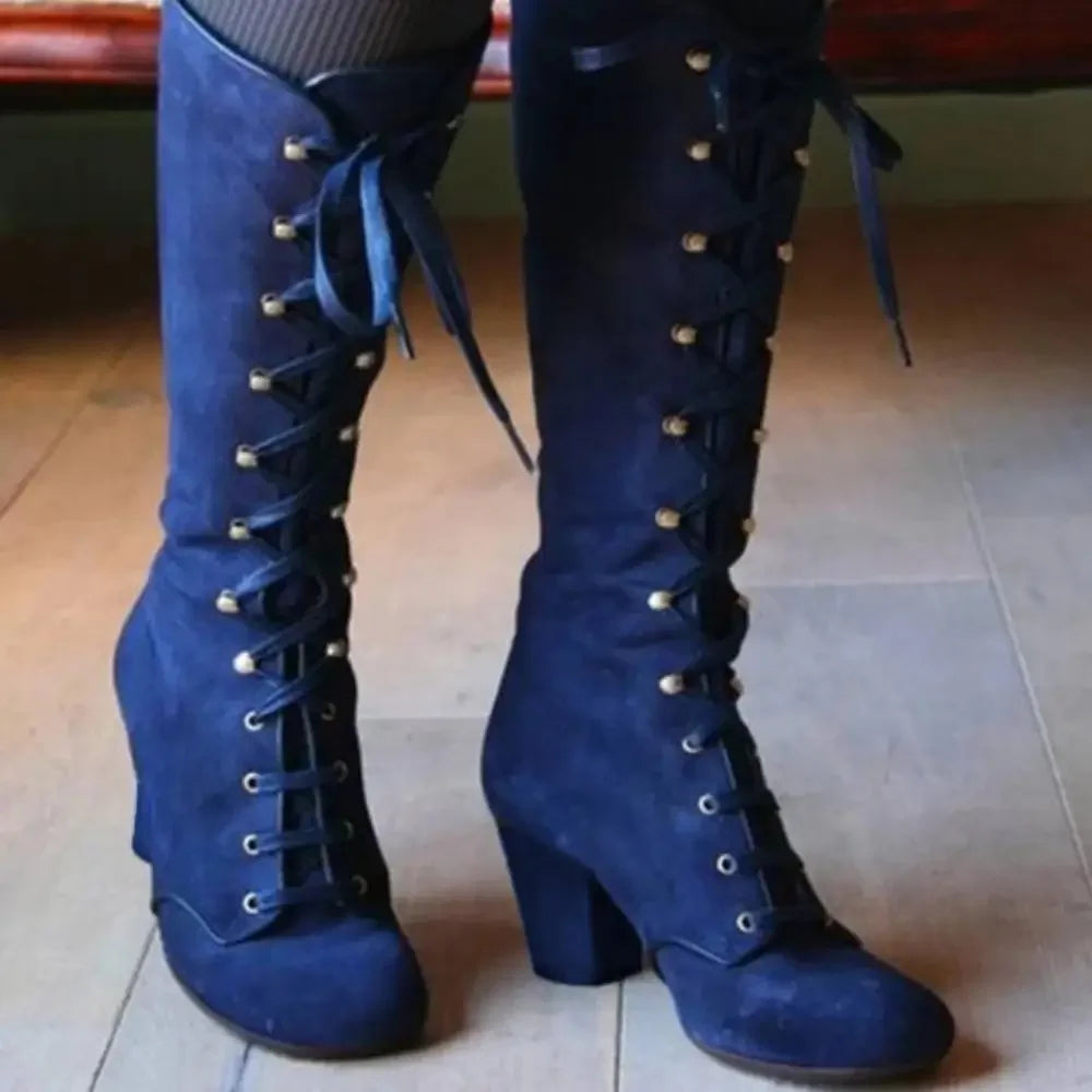 2024 Black boots women Shoes  knee high Women Casual Vintage Retro Mid-Calf Boots Lace Up Thick Heels Shoes