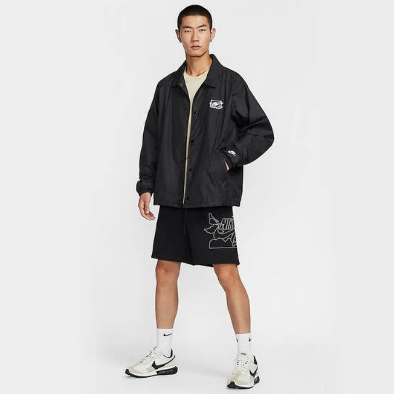 Nike Loose-Fitting Retro Patch Sports Men's Coach Jacket New Lightweight Soft Woven Button Casual Top Simple Lapel Black Versatile Commuter Jacket Trendy Men's Must-Have Fz0801-010