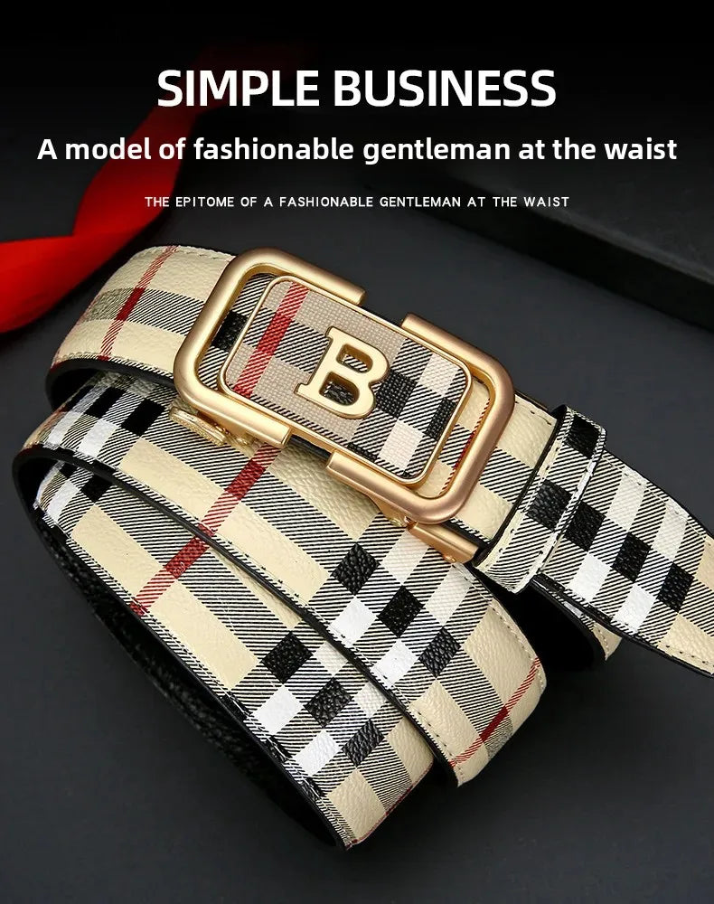 Trendy Plaid B Letter Automatic Buckle Belt for Men Premium Quality Fashionable Business Style Versatile Home Use
