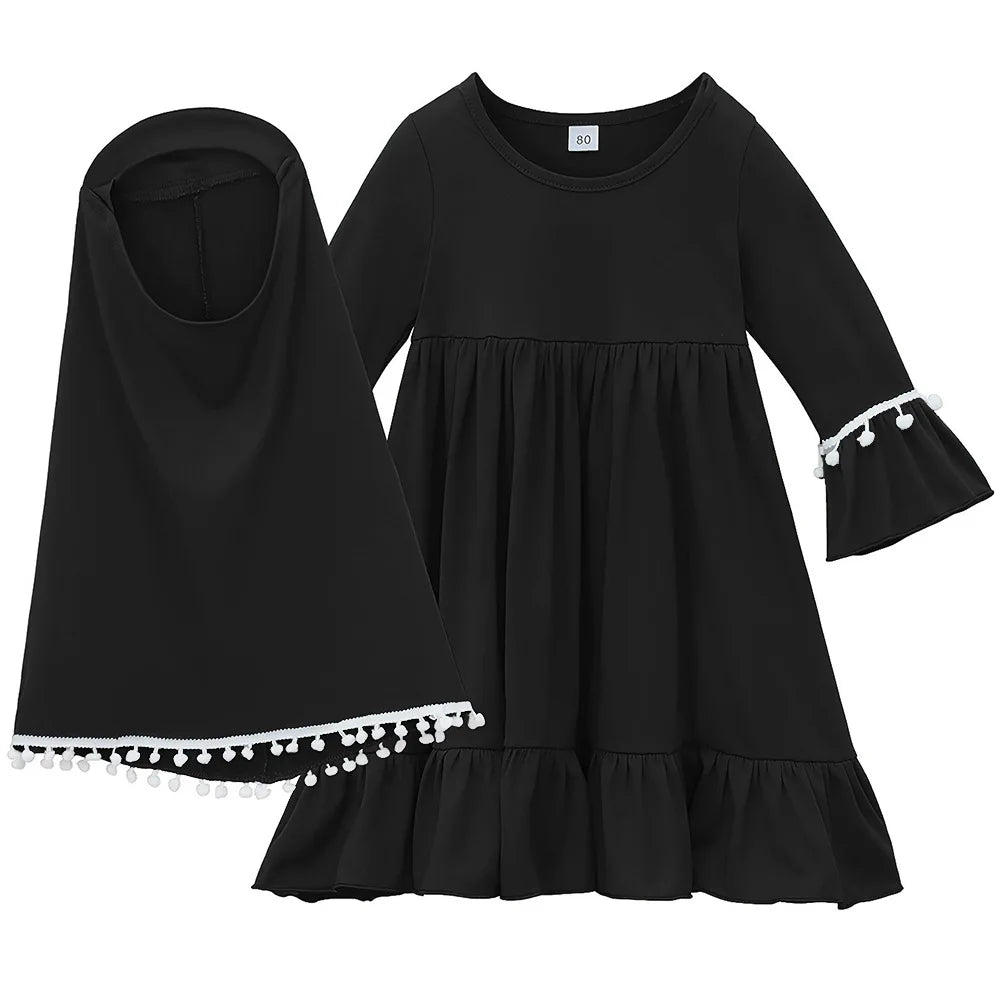 2PCS Muslim Dress Girls Kids Prayer Clothes Islamic Hijab Abaya Khimar Abayas Islamic Prayer Dresses Niqab Kaftan Scarf Robe