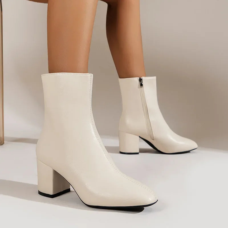 White Ankle Boots for Women 2024 New Side Zipper Stretch Middle Heel Large Size Short Boot Fashion Pointed Shoes Botas De Mujer