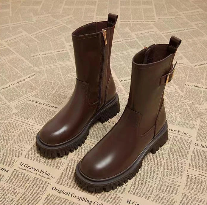 Women's Half High Boots Round Toe Chelsea Ladies Mid Calf Shoes Middle Heel Brown Footwear Spring Autumn Sale Gothic Demi-season