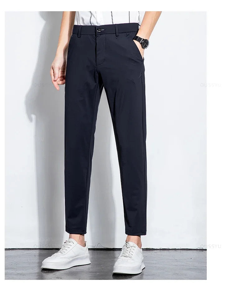 Summer Stretch Suit Pants Men Thin Business Solid Color Slim Ankle-Length Casual Formal Office Trousers