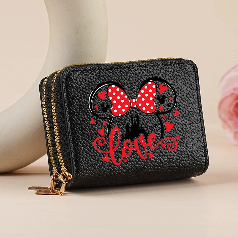 Mickey Minnie Women's Double Zipper Wallet Lychee Pattern Fashion Short Credit Card Holder with Large Capacity Coin Purse