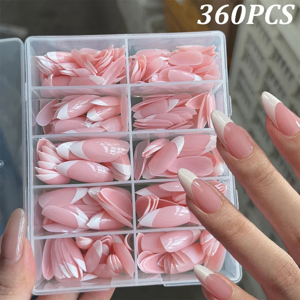 360/120pcs Light Pink Almond Press On Nails Glossy White French Fake Nail Simple Full Cover Fake Nails Soft Gel Nail Tips
