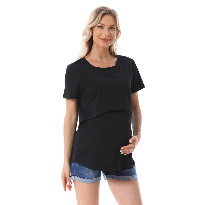 Plus Size Maternity T-Shirt Short Sleeve Stretch Cotton Breastfeeding Tees Loose Nursing Tops for Pregnant Women