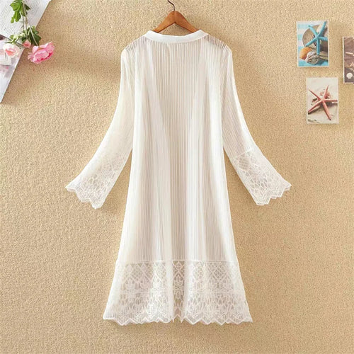 2025 New Fashion Spring Summer Women Lace Cardigan Blouses Sun Protection Clothings Lady Midi-long Beach Shirts Outwear WZ2455