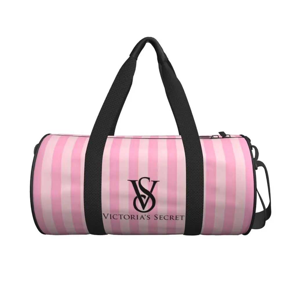Pink White Stripe Round Capacity Travel Duffel Bag Male Female Large-Capacity Hand Luggage Sports Fitness Bag Travel Package