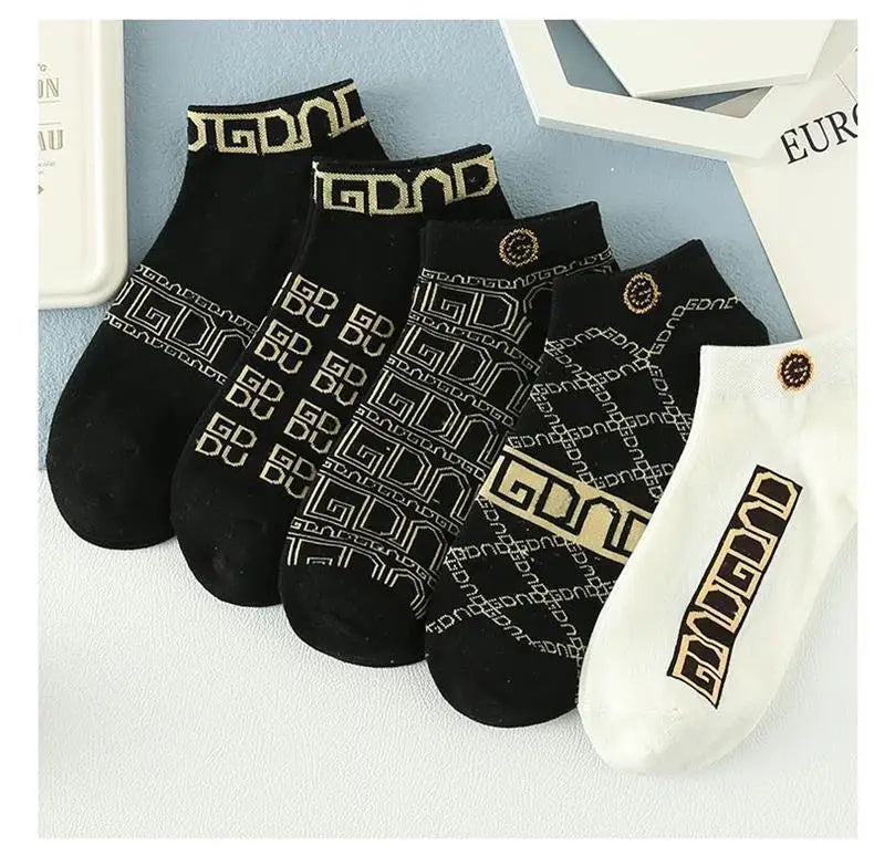 10 Pairs Men's Trendy Short Socks Summer Breathable Geometric Pattern Ankle Socks Luxury Designer Brand Fashion Low Cut Socks