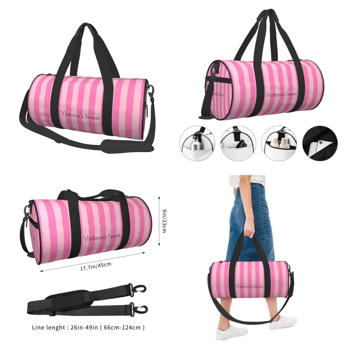 Pink White Stripe Round Capacity Travel Duffel Bag Male Female Large-Capacity Hand Luggage Sports Fitness Bag Travel Package