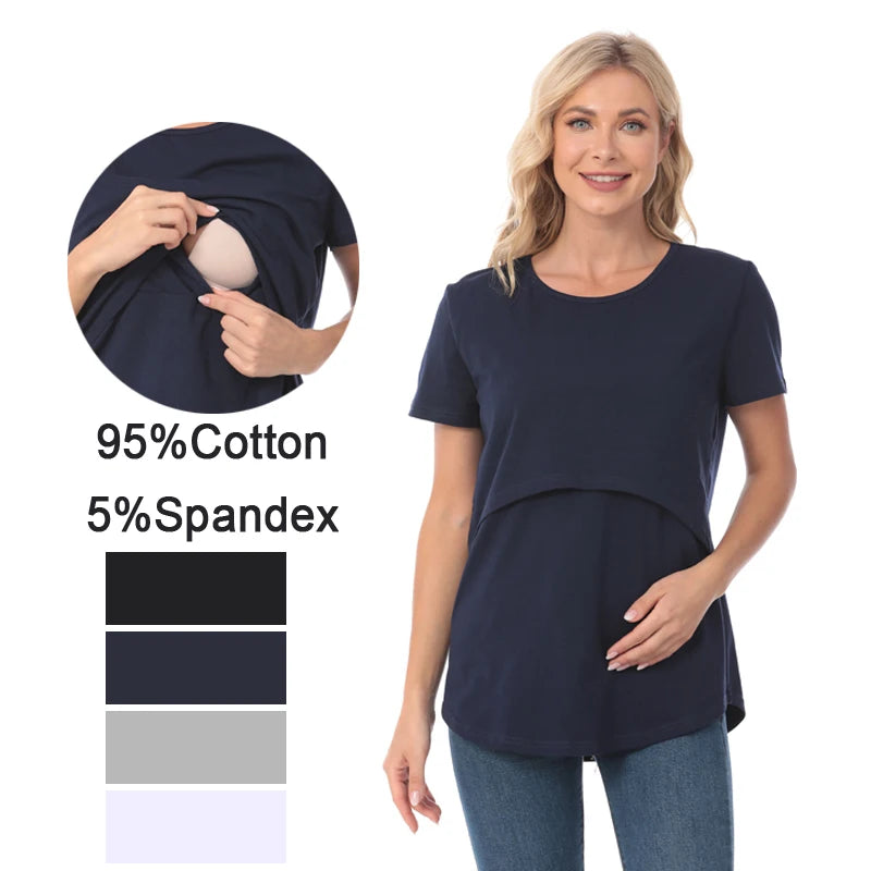 Plus Size Maternity T-Shirt Short Sleeve Stretch Cotton Breastfeeding Tees Loose Nursing Tops for Pregnant Women