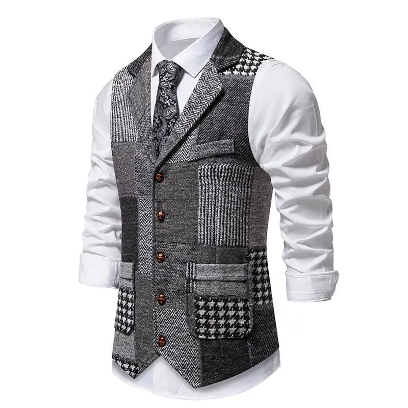 Men's Fashionable Retro Patchwork Collarless Plaid Vest Autumn Winter European Size Slim Fit Single Button Casual Youth Trend