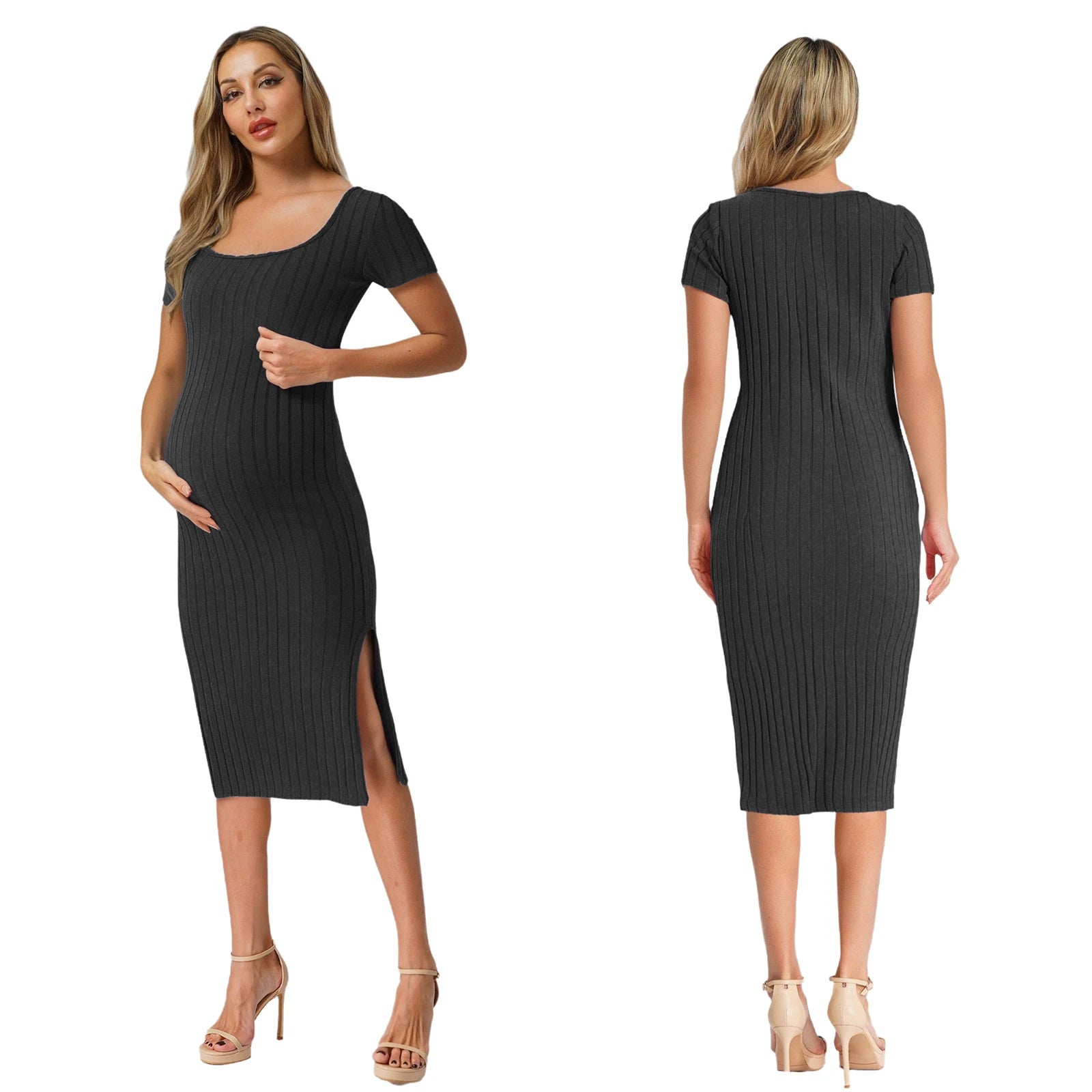 Elegant Maternity Knitted Dress Solid Color Short Sleeve Split Dresses Pregnancy Women Clothes Wedding Party Casual Daily Wear