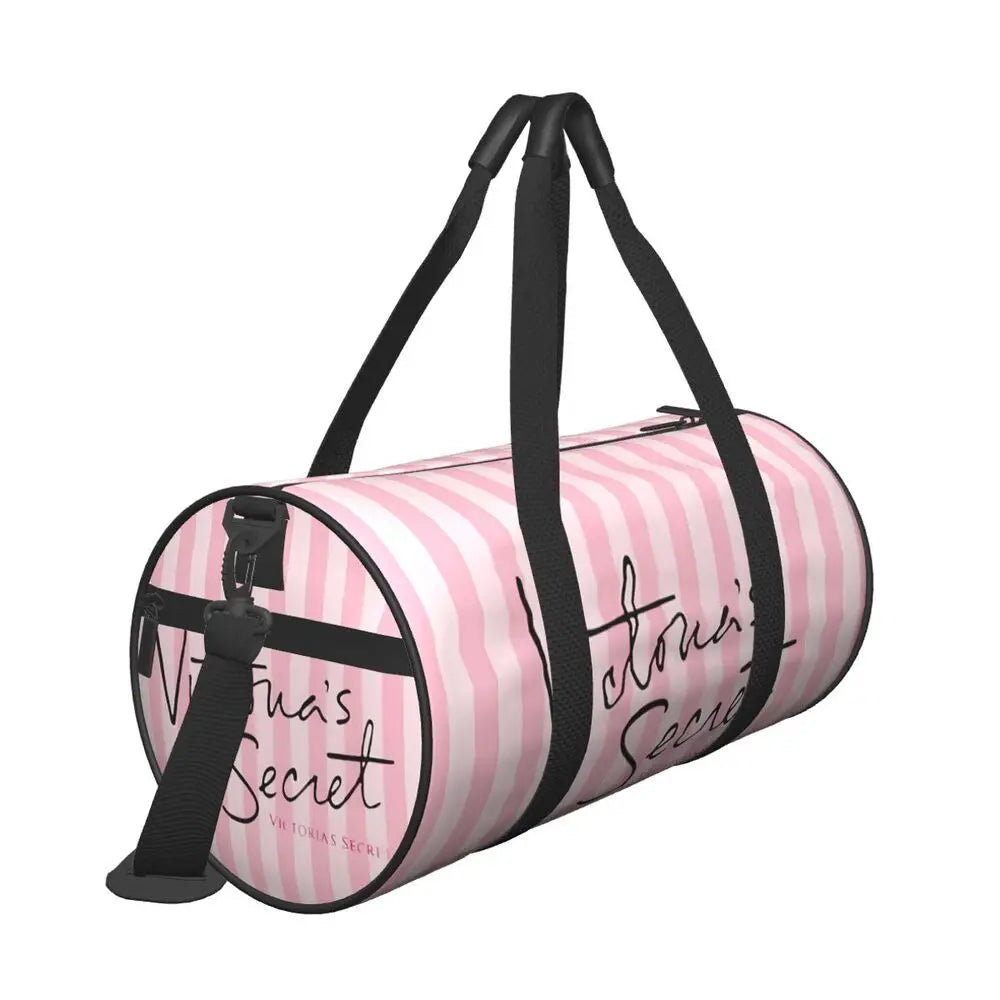 Pink White Stripe Round Capacity Travel Duffel Bag Male Female Large-Capacity Hand Luggage Sports Fitness Bag Travel Package