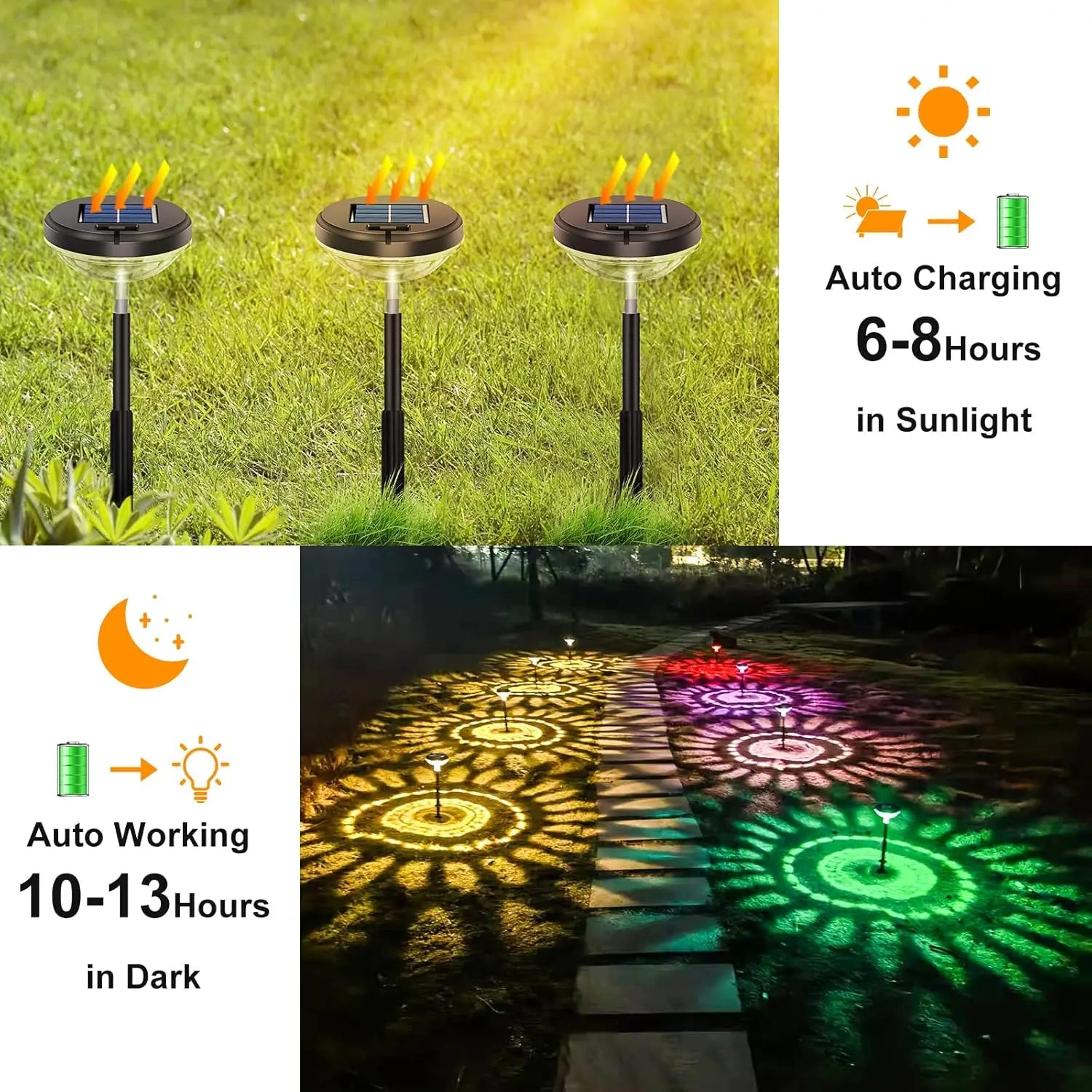 2 Pack Solar Pathway Lights Multicolor & Warm White LED IP67 Waterproof Outdoor Garden Yard Lawn Landscape Decorative