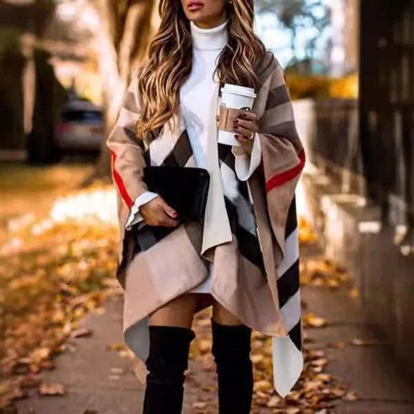 Auutmn Winter Fashion Casual Batwing Fluffy Sleeve Overcoat Women Elegant Knitted Color Block Capes Lady Irregular Ponchos Scarf