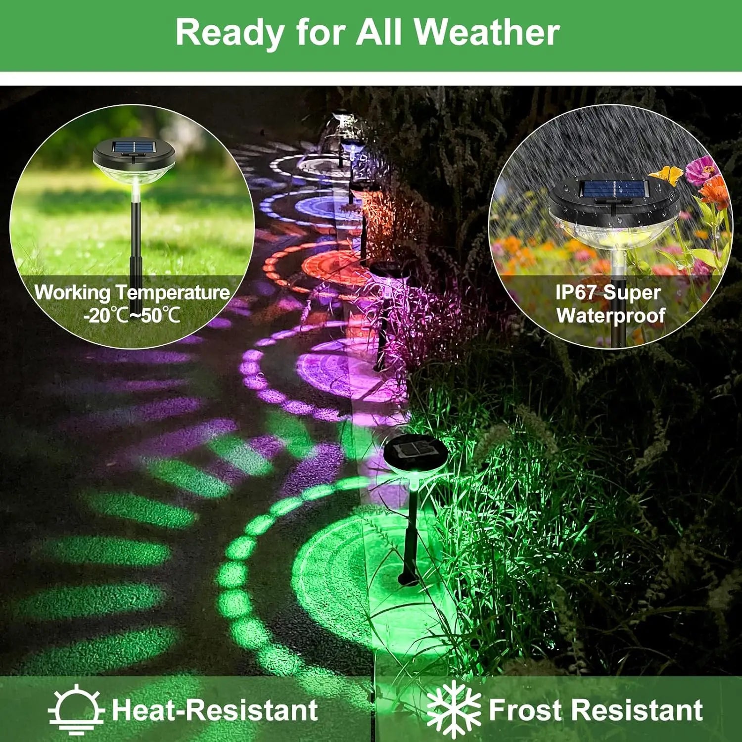 2 Pack Solar Pathway Lights Multicolor & Warm White LED IP67 Waterproof Outdoor Garden Yard Lawn Landscape Decorative
