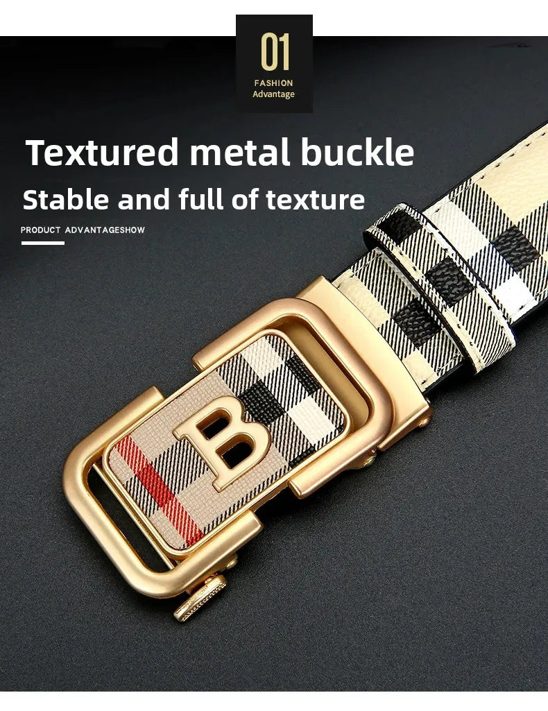 Trendy Plaid B Letter Automatic Buckle Belt for Men Premium Quality Fashionable Business Style Versatile Home Use