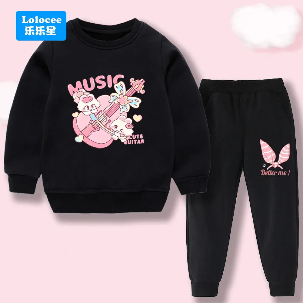 Toddler Girl 2Pcs Outfit: Music Rabbit Cartoon Sweatshirt + Black Pants Kids Casual Clothing Set Kids Tracksuit (3-14Y)  YL01