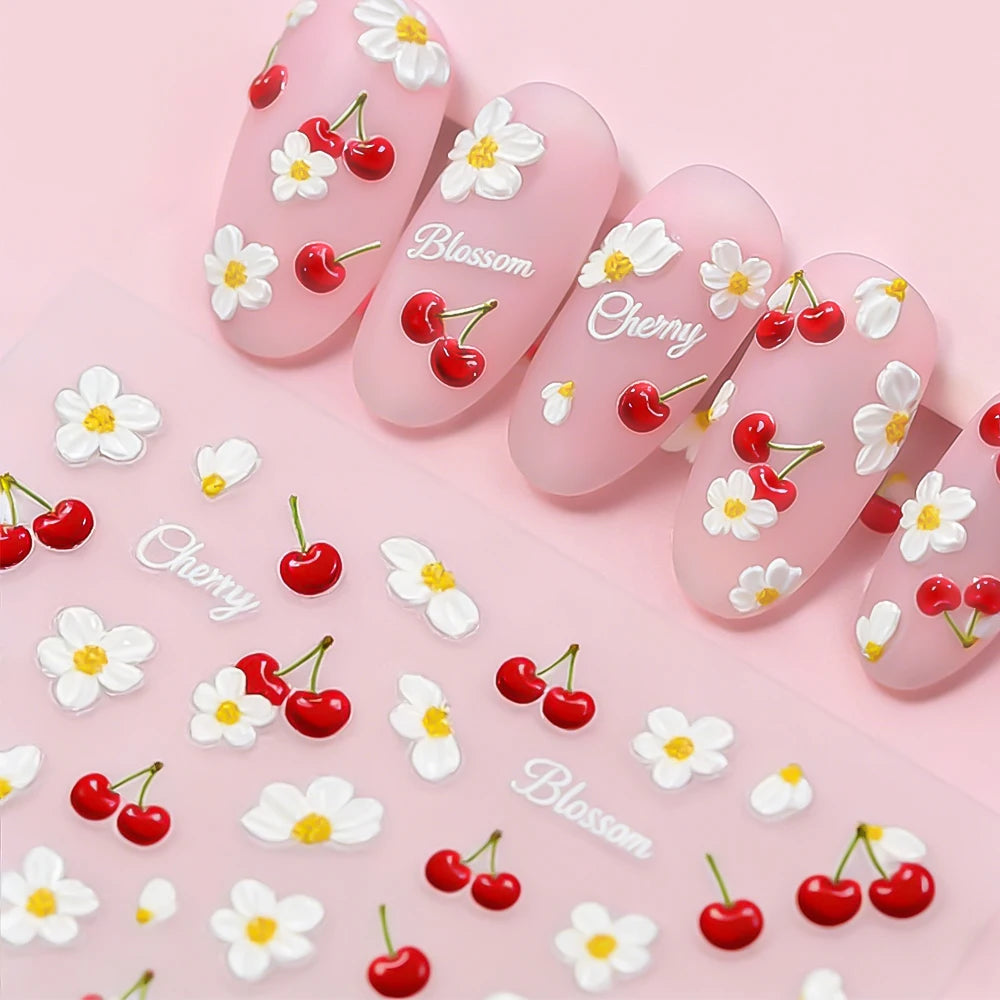 2pcs 5D Elegant Cherry Fruit Nail Stickers Kawaii Spring White Flowers Self-Adhesive Nail Decals DIY Wedding Season Nail Decor