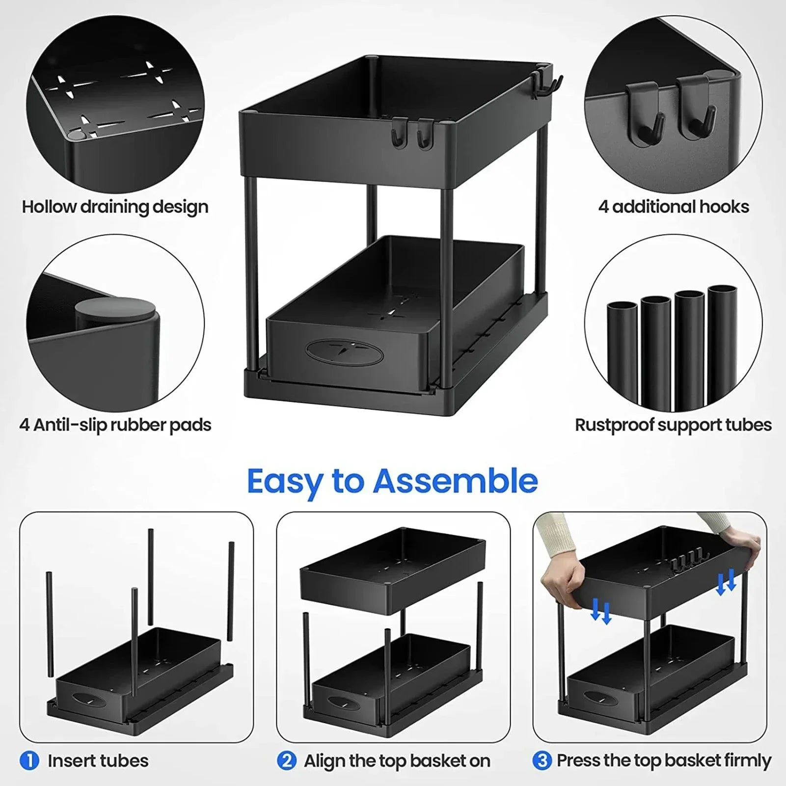 Hot-selling 2-Tier Kitchen Storage Rack Pull-Out Sliding Cabinet Basket Storage Shelf Bathroom & Kitchen Organizer
