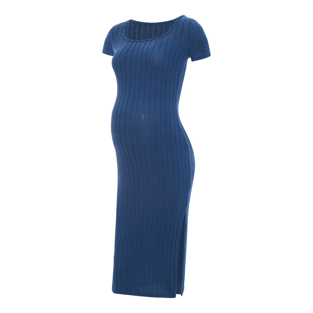 Elegant Maternity Knitted Dress Solid Color Short Sleeve Split Dresses Pregnancy Women Clothes Wedding Party Casual Daily Wear