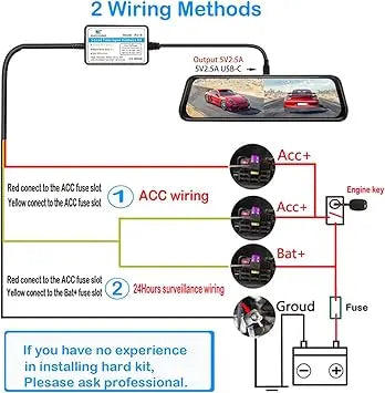 Dash Cam Hardwire Kit (12V-24V to 5V), Type C Hardwire Kit for Dash Camera with Acc Functionality, Add a Circuit Fuses, 24h Park