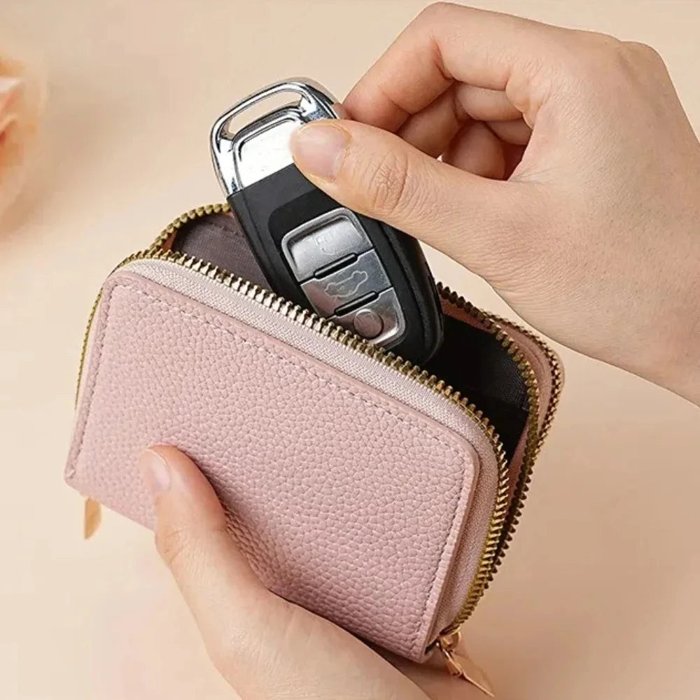 Mickey Minnie Women's Double Zipper Wallet Lychee Pattern Fashion Short Credit Card Holder with Large Capacity Coin Purse
