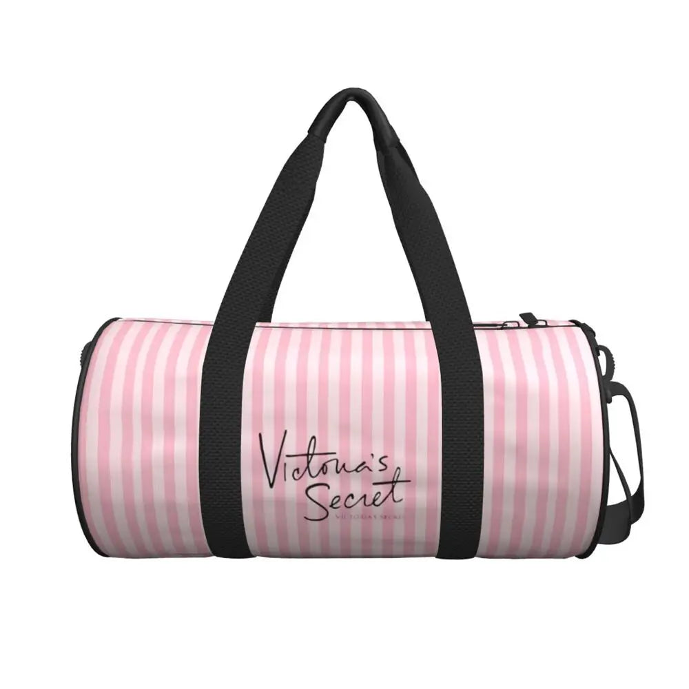 Pink White Stripe Round Capacity Travel Duffel Bag Male Female Large-Capacity Hand Luggage Sports Fitness Bag Travel Package