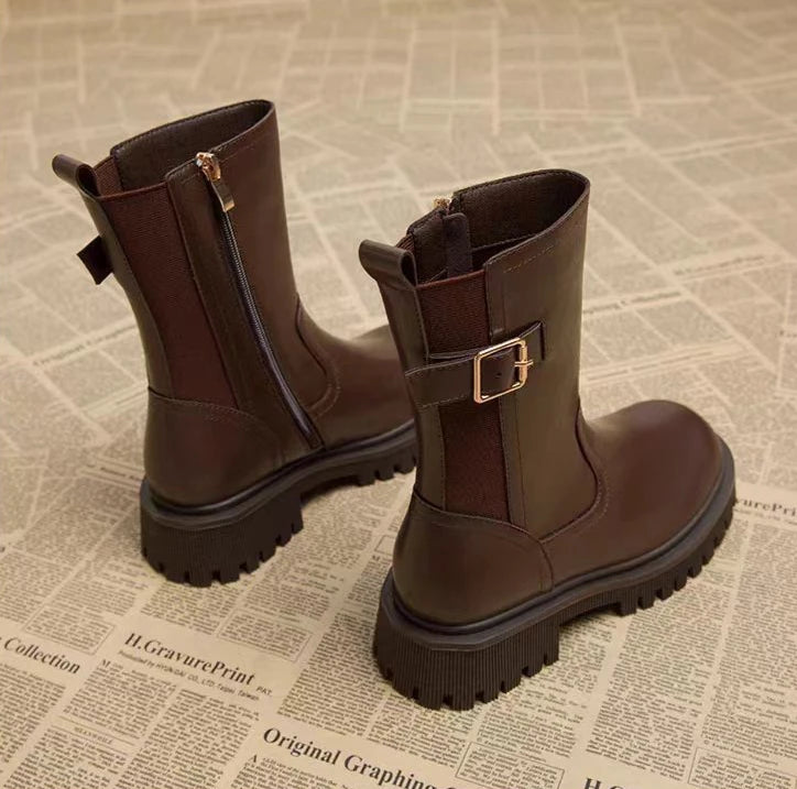 Women's Half High Boots Round Toe Chelsea Ladies Mid Calf Shoes Middle Heel Brown Footwear Spring Autumn Sale Gothic Demi-season