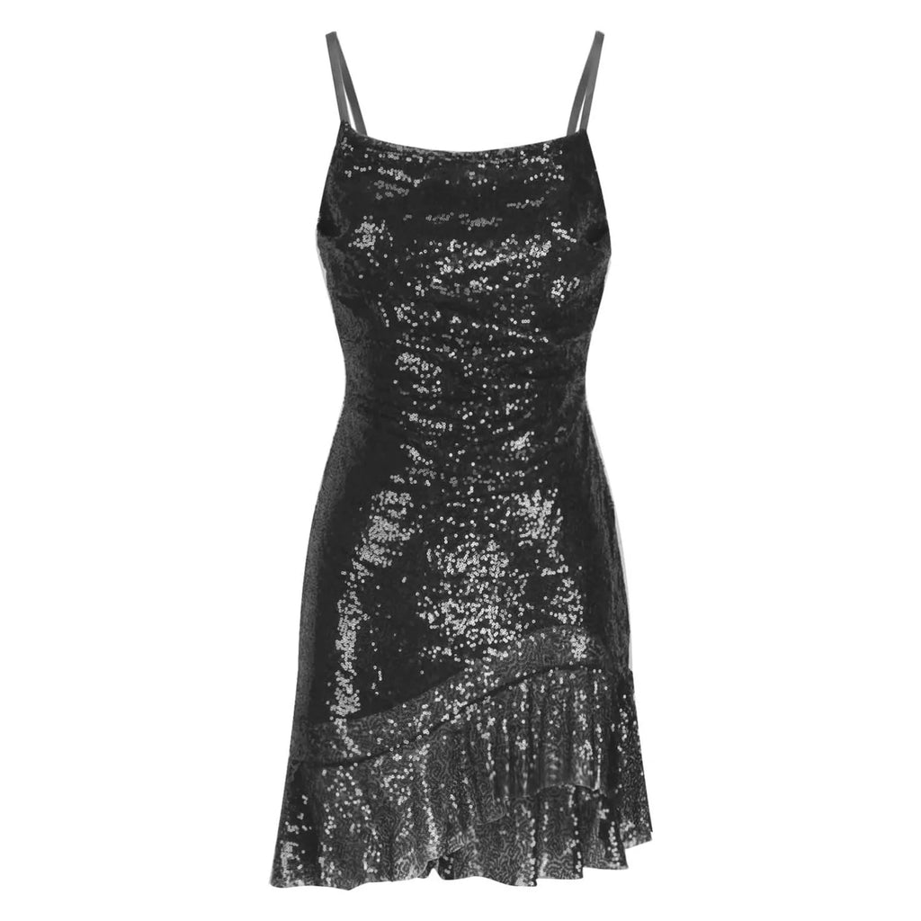 Sexy Slim Fitting Fashion Solid Color Sequin Back Cross Tie Ruffle Edge Sleeveless Suspender Irregular Hem Pleated Party Dress