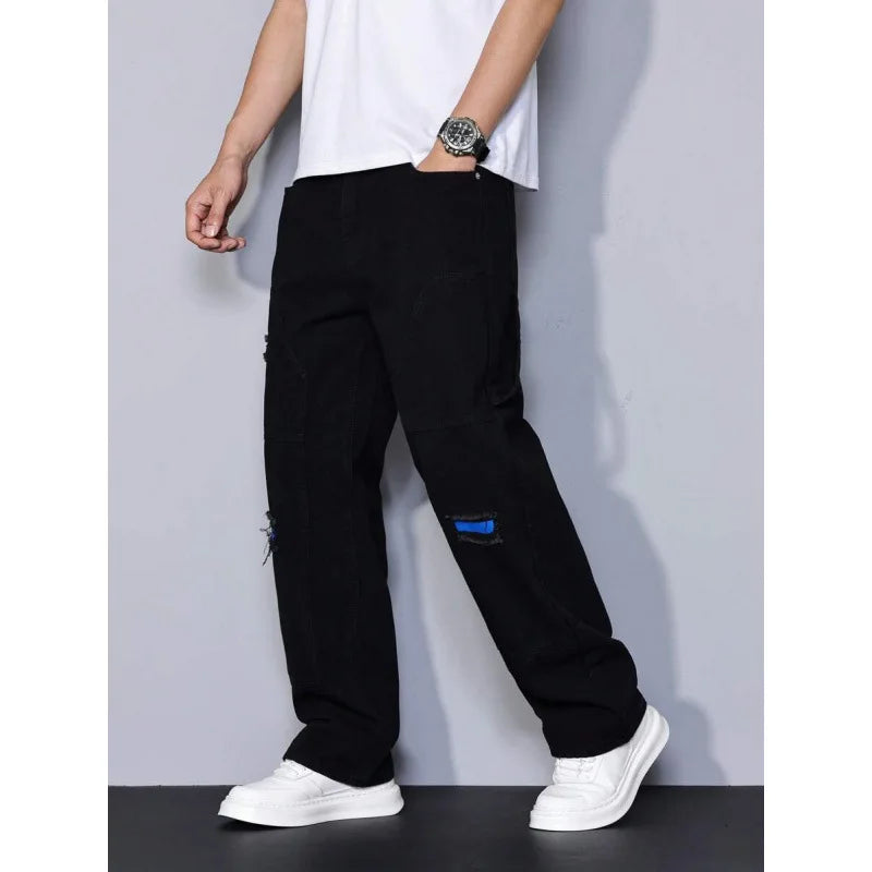 Men's Casual Denim Jeans Spring Autumn Winter Straight Leg Loose Fit Long Pants Double Belt Hole Pocket Daily Wear