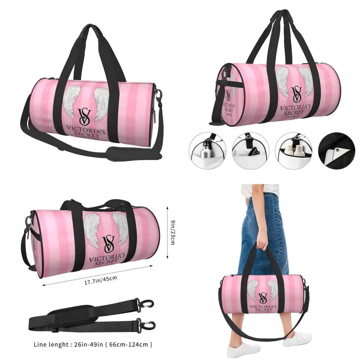 Pink White Stripe Round Capacity Travel Duffel Bag Male Female Large-Capacity Hand Luggage Sports Fitness Bag Travel Package