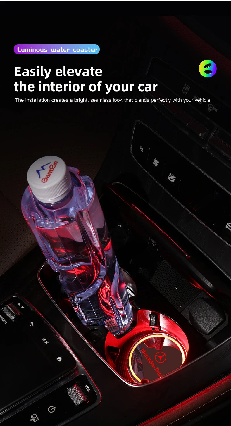 Car Glowing Coasters LED Light Water Cup Mat For Mercedes Benz AMG W203 W206 W220 W205 W211 Car USB Charging Coasters keychain