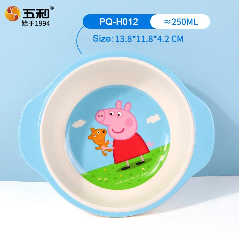 For Peppa Pig Tableware Cartoon Salad Bowl Anti-Fall Dining Plate Cup Spoon Baby Eating Double-ear Bowl Food-grade Divided Plate