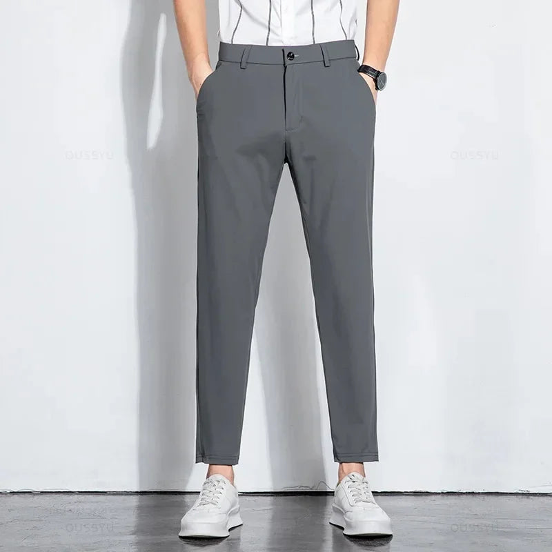 Summer Stretch Suit Pants Men Thin Business Solid Color Slim Ankle-Length Casual Formal Office Trousers