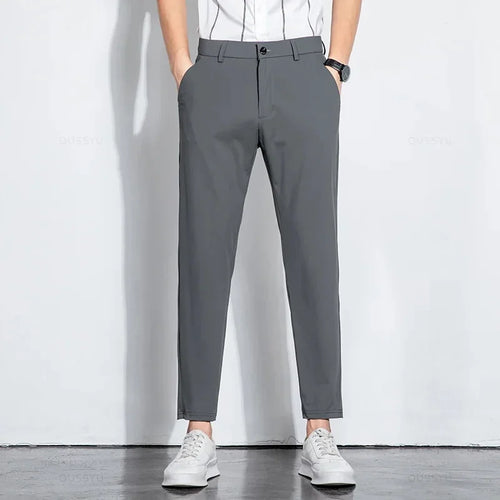 Summer Stretch Suit Pants Men Thin Business Solid Color Slim Ankle-Length Casual Formal Office Trousers