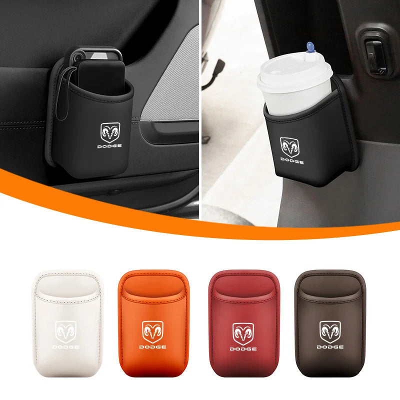 PU Leather Car Door Wall Mounted Storage Auto Logo Storage Hang Pocket For Dodge SRT Ram 1500 Journey Charger Challenger Caliber