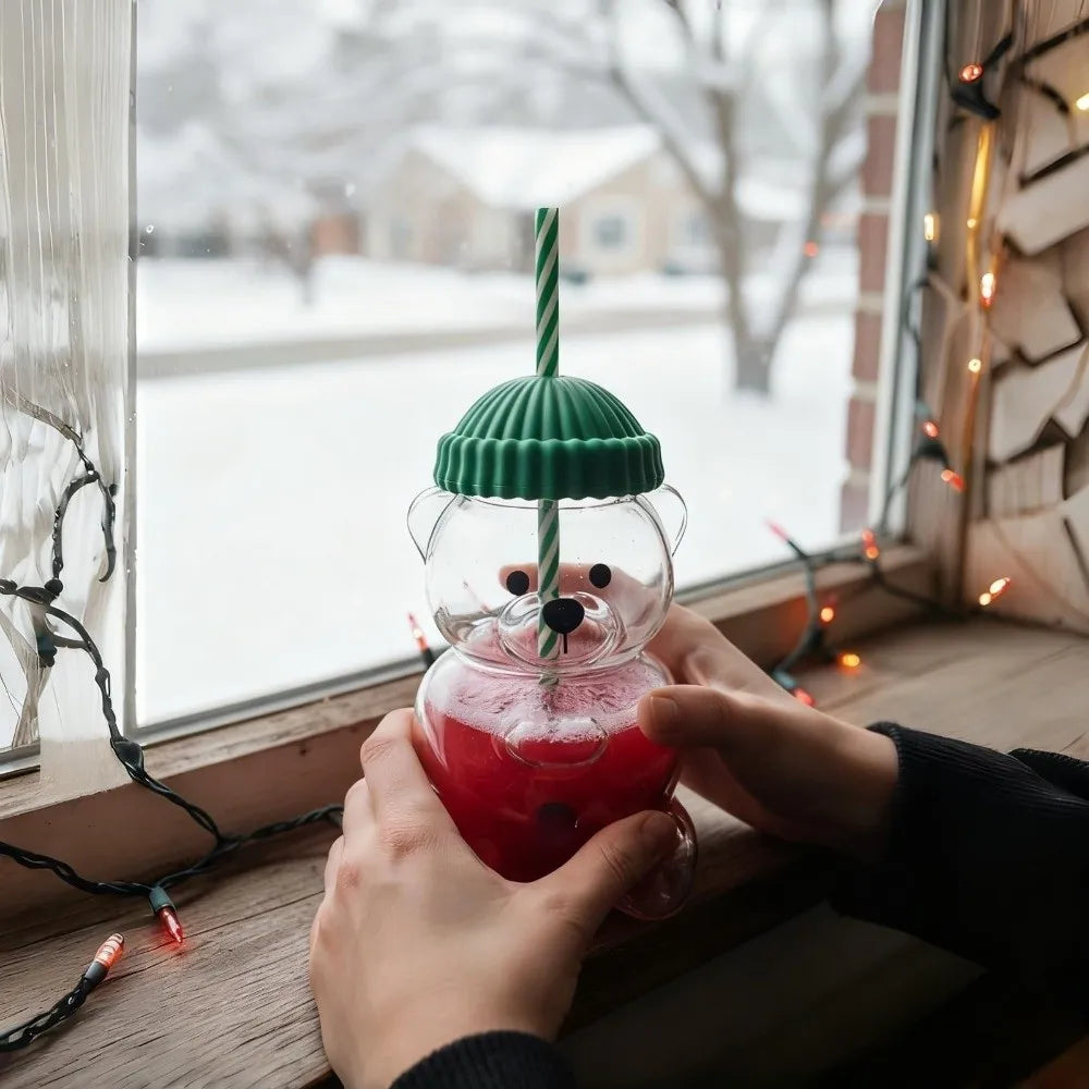 Cute 2025 Bear Glass Cup Transparent Large Capacity Glass Cup with Straw With Lid Bear Straw Cup Home Bar